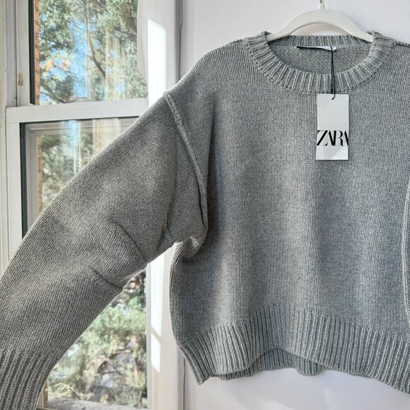 NWT Zara Pleated Sleeve Knit Sweater Pullover Wool Blend in Gray 3920/180 - Picture 8 of 15
